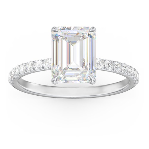 3 ct. (9x7mm) Emerald Moissanite Engagement Ring With 1.5mm Side Stones – 9kt White Gold with Moissanite and Lab Diamond