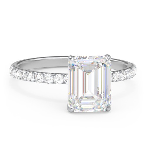 3 ct. (9x7mm) Emerald Moissanite Engagement Ring With 1.5mm Side Stones – 9kt White Gold with Moissanite and Lab Diamond