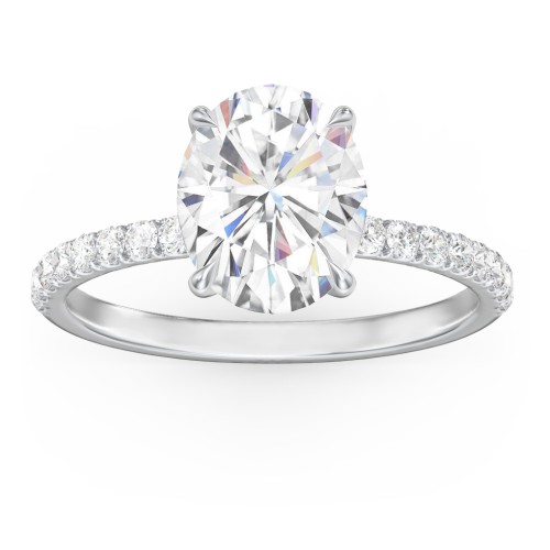 3 ct. (10x8mm) Oval Moissanite Engagement Ring With 1.5mm Side Stones – 9kt White Gold with Moissanite and Lab Diamond