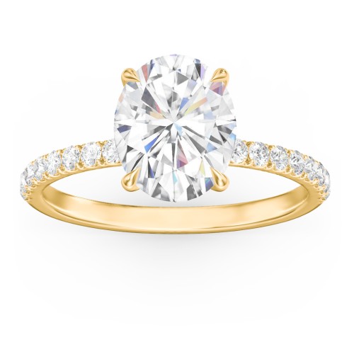 3 ct. (10x8mm) Oval Moissanite Engagement Ring With 1.5mm Side Stones – 9kt Yellow Gold with Moissanite and Lab Diamond
