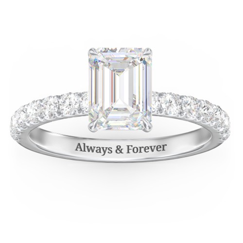 2 ct. (8x6mm) Emerald-Cut Moissanite Engagement Ring With 2mm Side Stones – 9kt White Gold with Moissanite and Lab Diamond