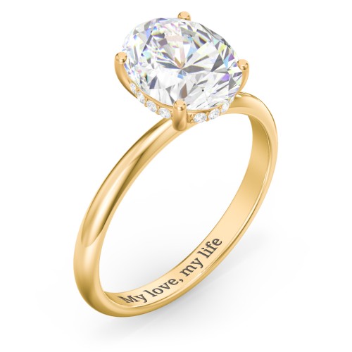 3 ct. (10x8mm) Oval Moissanite Engagement Ring with Hidden Halo – 9kt Yellow Gold with Moissanite and Lab Diamond