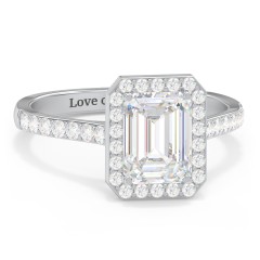2 ct. (8x6mm) Emerald-Cut Moissanite Halo Engagement Ring with Side Stones – 9kt White Gold with Moissanite and Lab Diamond