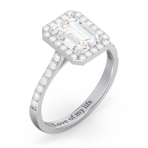 2 ct. (8x6mm) Emerald-Cut Moissanite Halo Engagement Ring with Side Stones – 9kt White Gold with Moissanite and Lab Diamond