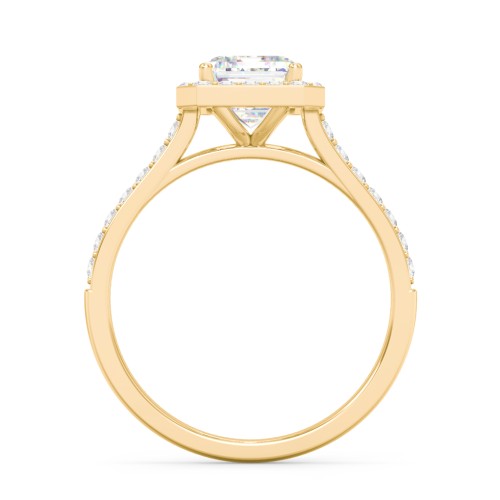 2 ct. (8x6mm) Emerald-Cut Moissanite Halo Engagement Ring with Side Stones – 9kt Yellow Gold with Moissanite and Lab Diamond