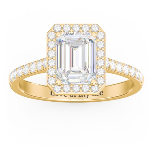 2 ct. (8x6mm) Emerald-Cut Moissanite Halo Engagement Ring with Side Stones – 9kt Yellow Gold with Moissanite and Lab Diamond