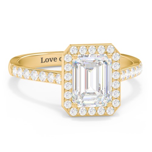 2 ct. (8x6mm) Emerald-Cut Moissanite Halo Engagement Ring with Side Stones – 9kt Yellow Gold with Moissanite and Lab Diamond