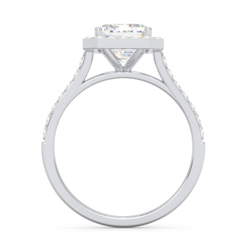 3 ct. (9x7mm) Emerald-Cut Moissanite Halo Engagement Ring with Side Stones – 9kt White Gold with Moissanite and Lab Diamond