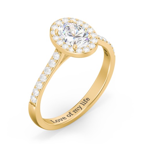 1 ct. (7x5mm) Oval Moissanite Halo Engagement Ring with Side Stones – 9kt Yellow Gold with Moissanite and Lab Diamond