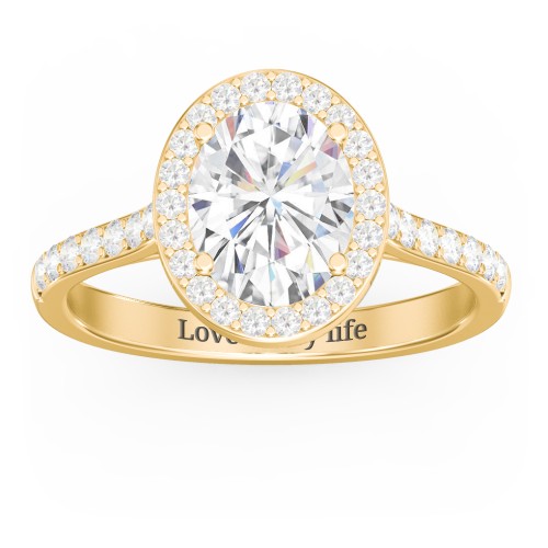 2 ct. (9x7mm) Oval Moissanite Halo Engagement Ring with Side Stones – 9kt Yellow Gold with Moissanite and Lab Diamond