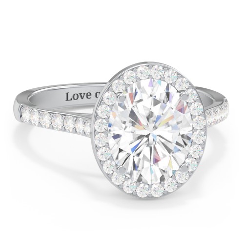 3 ct. (10x8mm) Oval Moissanite Halo Engagement Ring with Side Stones – 9kt White Gold with Moissanite and Lab Diamond