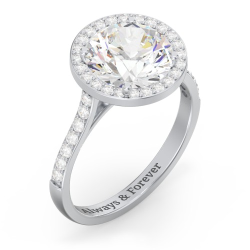 3 ct. (9mm) Moissanite Halo Engagement Ring with Side Stones – 9kt White Gold with Moissanite and Lab Diamond
