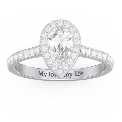 1 ct. (8x5mm) Pear Moissanite Halo Engagement Ring with Side Stones – 9kt White Gold with Moissanite and Lab Diamond