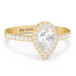1 ct. (8x5mm) Pear Moissanite Halo Engagement Ring with Side Stones in 9K Solid Yellow Gold