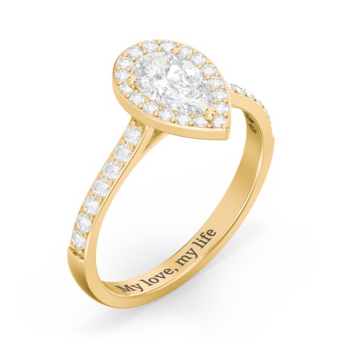 1 ct. (8x5mm) Pear Moissanite Halo Engagement Ring with Side Stones – 9kt Yellow Gold with Moissanite and Lab Diamond