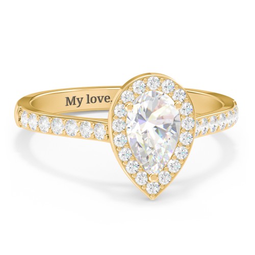 1 ct. (8x5mm) Pear Moissanite Halo Engagement Ring with Side Stones – 9kt Yellow Gold with Moissanite and Lab Diamond
