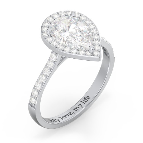 2 ct. (10x7mm) Pear Moissanite Halo Engagement Ring with Side Stones – 9kt White Gold with Moissanite and Lab Diamond