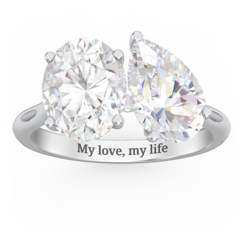 Toi et Moi Oval and Pear Moissanite Engagement Ring with Hidden Halos & Accents – 6 ctw. – 9kt White Gold with Moissanite and Lab Diamond