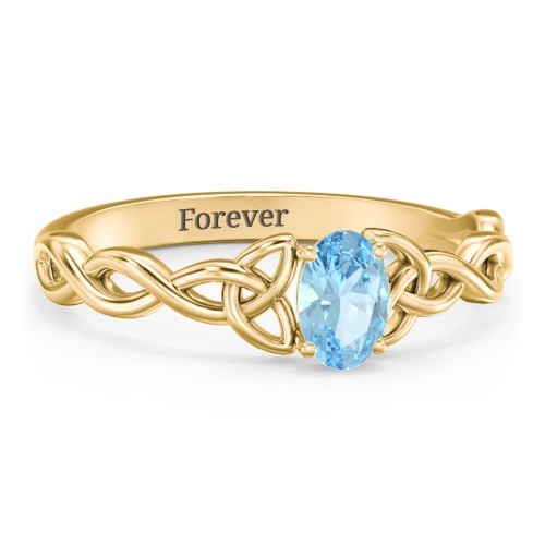 Oval Solitaire Celtic Trinity Knot Engagement Ring – 18K Gold Plated Silver with Blue Topaz