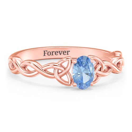 Oval Solitaire Celtic Trinity Knot Engagement Ring – 9kt Rose Gold with Blue Topaz
