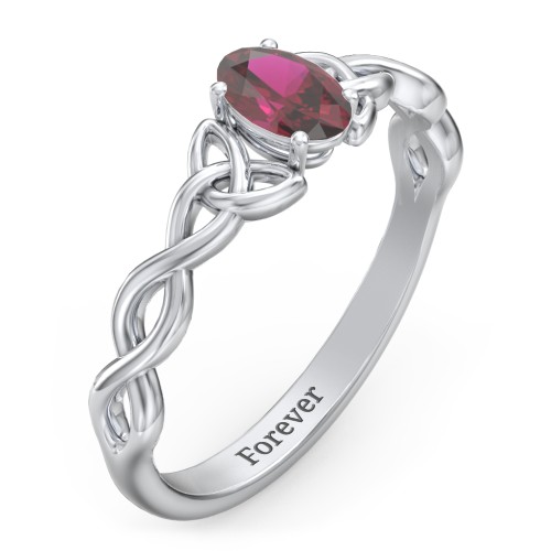 Oval Solitaire Celtic Trinity Knot Engagement Ring – Sterling Silver with Ruby