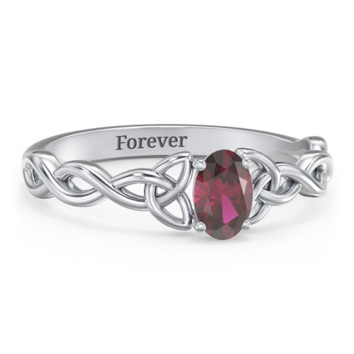 Oval Solitaire Celtic Trinity Knot Engagement Ring – Sterling Silver with Ruby