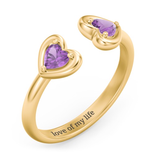 Heart In Heart Gemstone Open Cuff Ring – 18K Gold Plated Silver with Amethyst