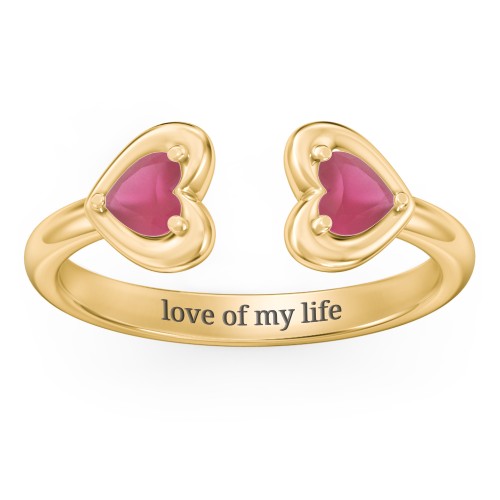 Heart In Heart Gemstone Open Cuff Ring – 18K Gold Plated Silver with Ruby