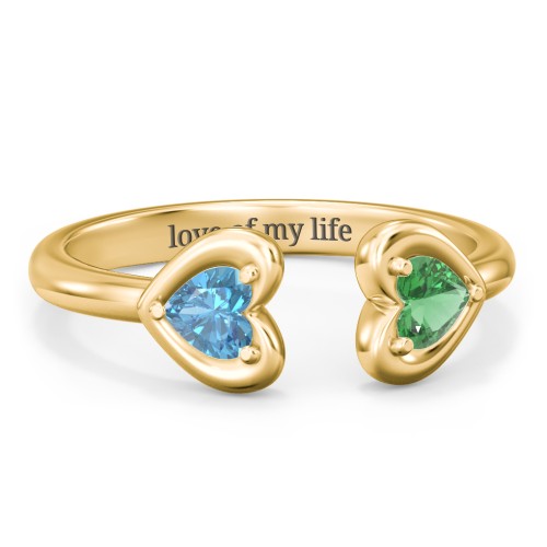 Heart In Heart Gemstone Open Cuff Ring – 18K Gold Plated Silver with Blue Topaz and Emerald