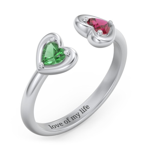 Heart In Heart Gemstone Open Cuff Ring – Sterling Silver with Emerald and Ruby