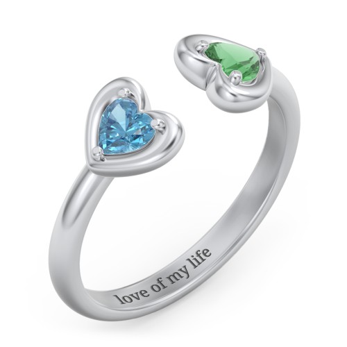 Heart In Heart Gemstone Open Cuff Ring – Sterling Silver with Blue Topaz and Emerald