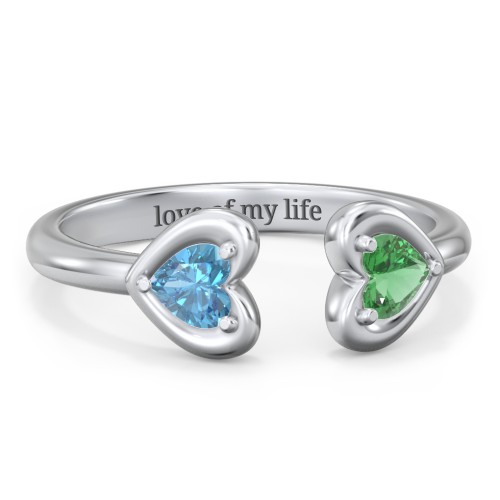 Heart In Heart Gemstone Open Cuff Ring – Sterling Silver with Blue Topaz and Emerald