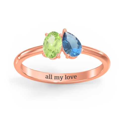 Toi et Moi Oval and Pear Gemstone Ring – 9kt Rose Gold with Peridot and Blue Topaz