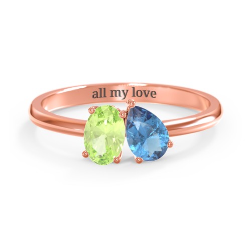 Toi et Moi Oval and Pear Gemstone Ring – 9kt Rose Gold with Peridot and Blue Topaz