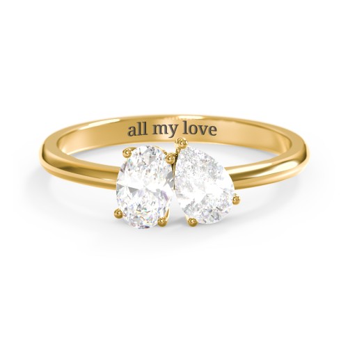 Toi et Moi Oval and Pear Gemstone Ring – 18K Gold Plated Silver with Diamond
