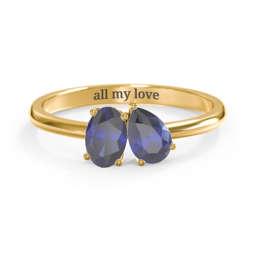 Toi et Moi Oval and Pear Gemstone Ring – 18K Gold Plated Silver with Blue Sapphire