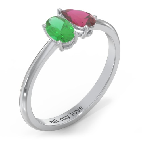 Toi et Moi Oval and Pear Gemstone Ring – Sterling Silver with Emerald and Ruby