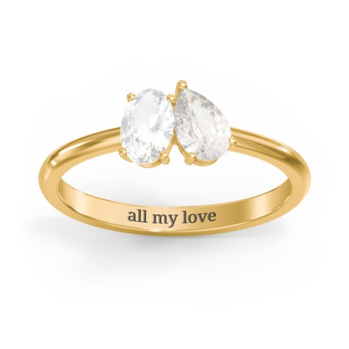 Toi et Moi Oval and Pear Gemstone Ring – 9kt Yellow Gold with White Sapphire and Cubic Zirconia