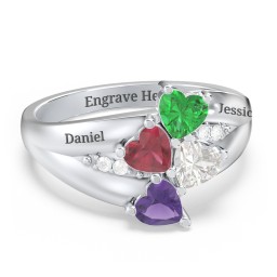 Multi-Heart Split-Band Ring in 925 Sterling Silver with Emerald, Ruby, Cubic Zirconia, and Amethyst
