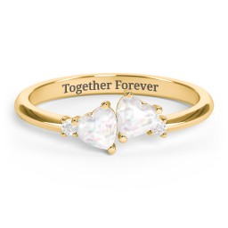 Pair of Hearts Gemstone Promise Ring with Accent Stones in 18K Gold Plated Silver with Opal and White Premium Zirconia