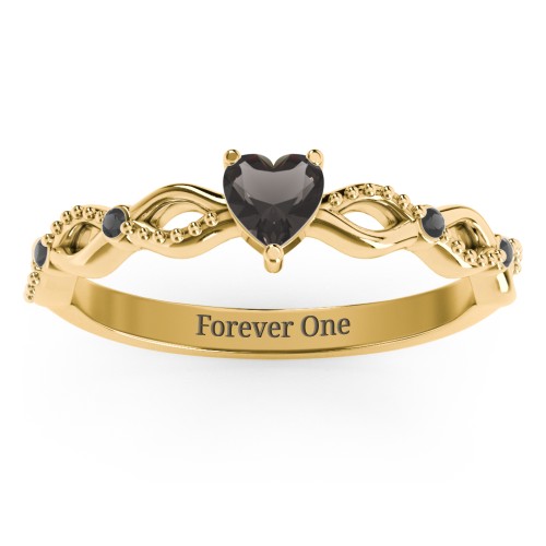 Twisted Vine Gemstone Heart Promise Ring with Accent Stones – 18K Gold Plated Silver with Smokey Quartz and Black Premium Zirconia