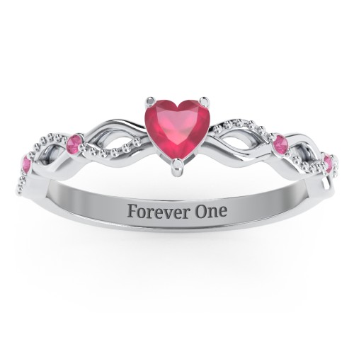 Twisted Vine Gemstone Heart Promise Ring with Accent Stones – Sterling Silver with Ruby and Red Premium Zirconia