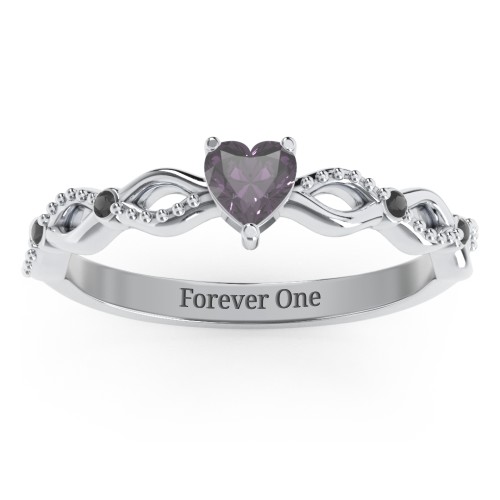 Twisted Vine Gemstone Heart Promise Ring with Accent Stones – Sterling Silver with Alexandrite and Black Premium Zirconia