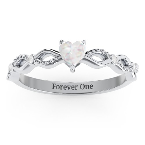 Twisted Vine Gemstone Heart Promise Ring with Accent Stones – Sterling Silver with Opal and White Premium Zirconia