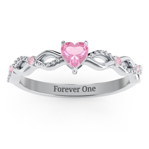 Twisted Vine Gemstone Heart Promise Ring with Accent Stones – Sterling Silver with Pink Tourmaline and Fancy Pink Premium Zirconia