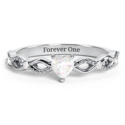 Twisted Vine Gemstone Heart Promise Ring with Accent Stones – Sterling Silver with Opal and White Premium Zirconia