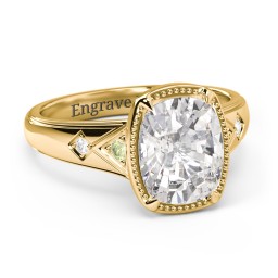 Elongated Cushion "Golden Era" Ring with Birthstones in 18K Gold Plated Silver with Peridot, Cubic Zirconia, and White Premium Zirconia