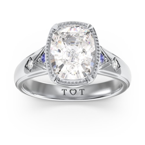 Elongated Cushion "Golden Era" Ring with Birthstones – Sterling Silver with Cubic Zirconia, Blue Sapphire, and White Premium Zirconia
