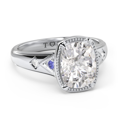 Elongated Cushion "Golden Era" Ring with Birthstones – Sterling Silver with Cubic Zirconia, Blue Sapphire, and White Premium Zirconia