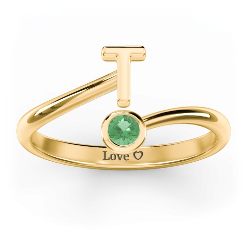 Initial & Birthstone Bypass Ring – 18K Gold Plated Silver with Emerald